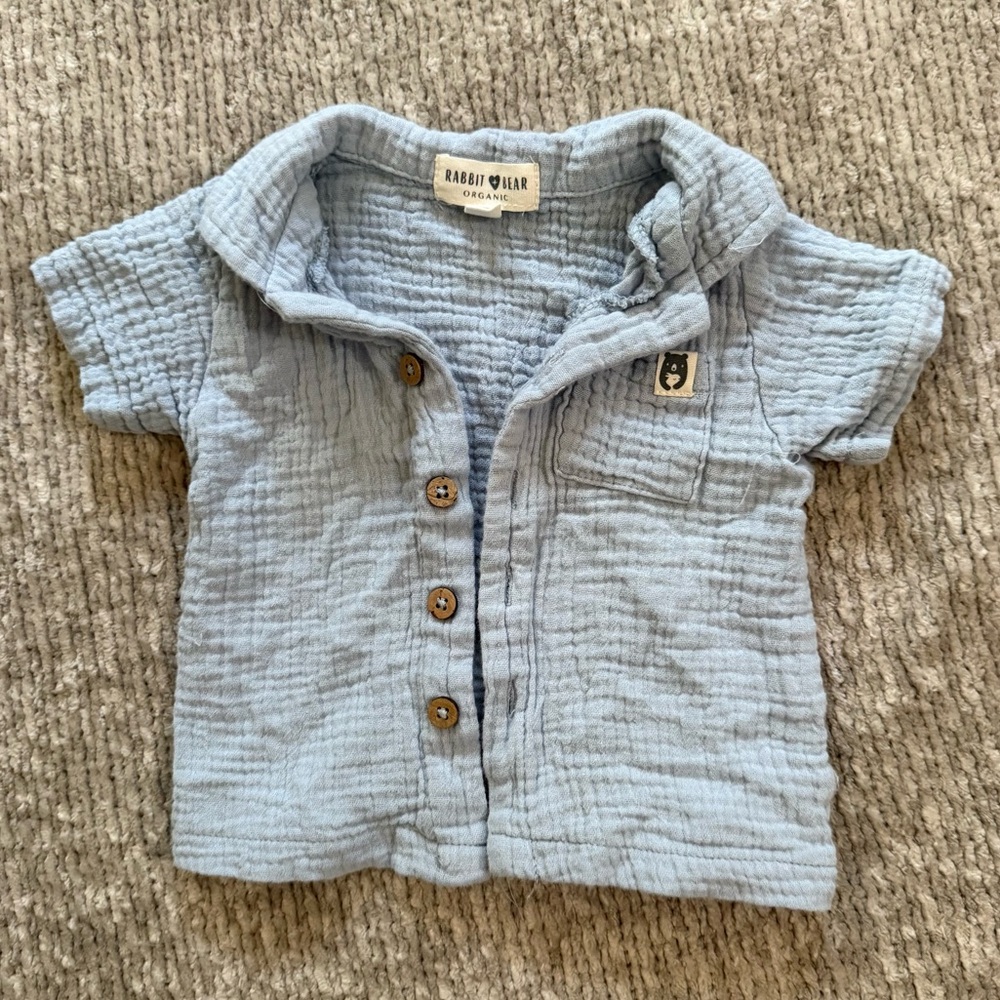 Rabbit Bear Organic Baby Boy Short Sleeve Muslin Shirt Blue 3-6M